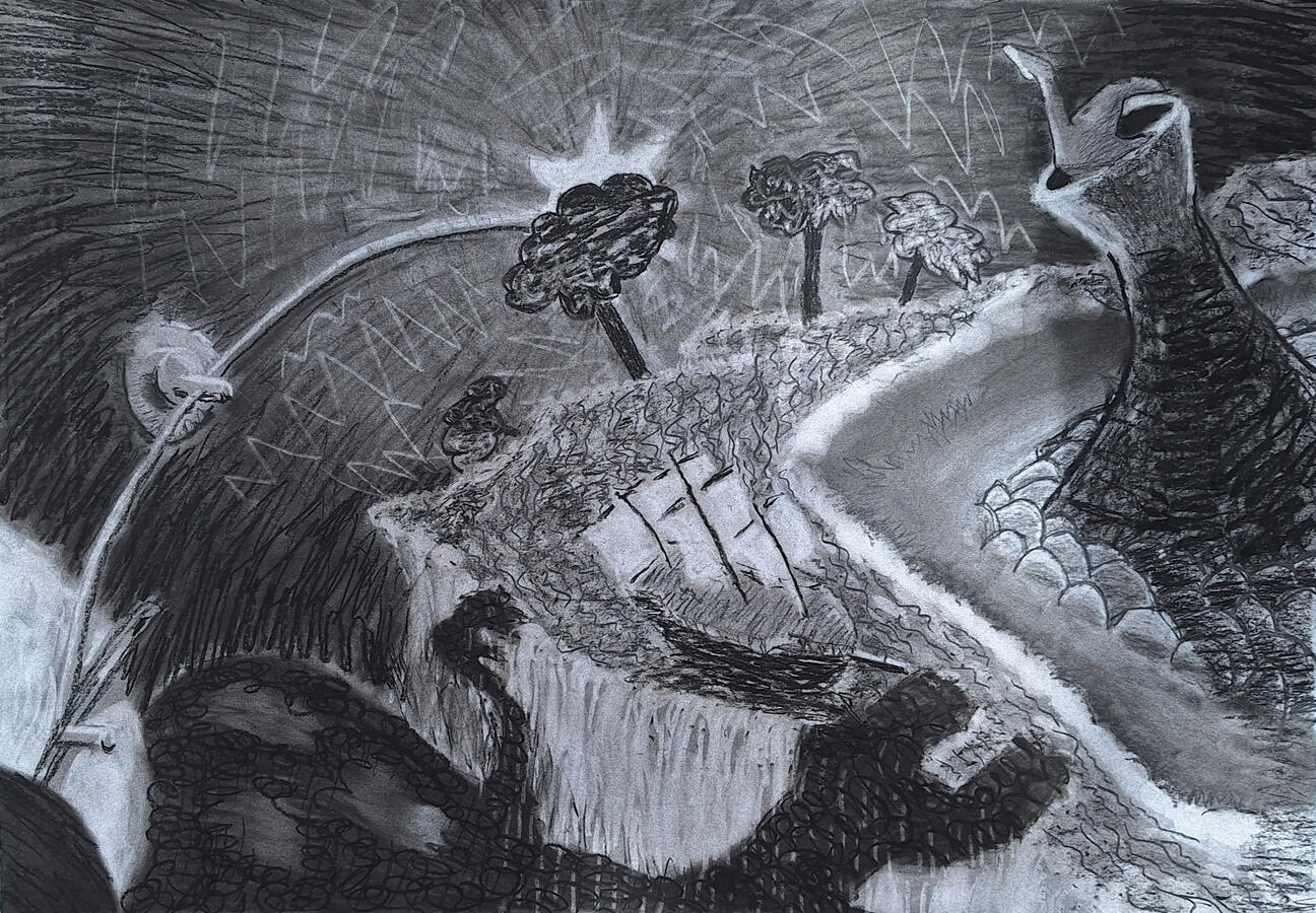 Nimmerland, 42x60cm, Coal on Paper